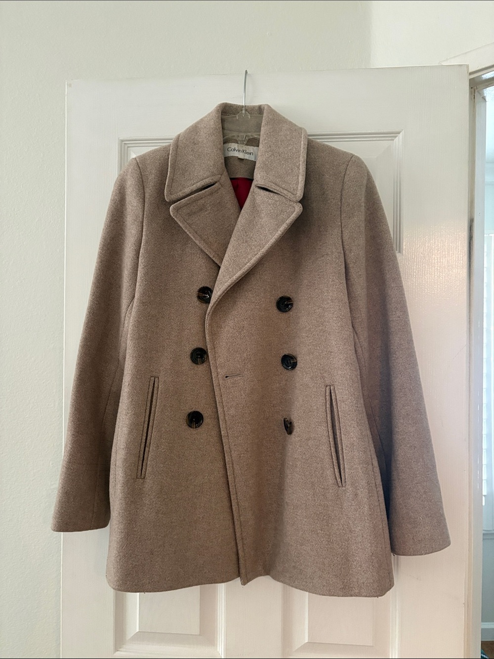 Calvin Klein Taupe Double-Breasted Wool Peacoat
